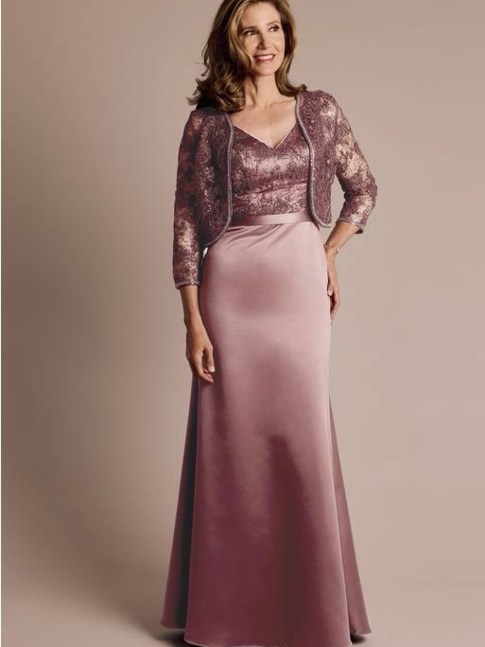 Oleg Cassini Mother of Bride Lace Bodice Satin Gown with Matching Jacket Wine
